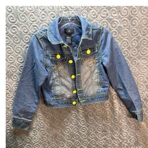 IZ‎ Amy Byer Girls Denim Jacket Size Large Blue Yellow Stitching Button Front